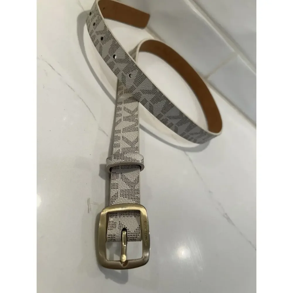 Michael Kors Belt Vanilla Mini Signature Printed MK Logo Gold Buckle 1” Sz Small